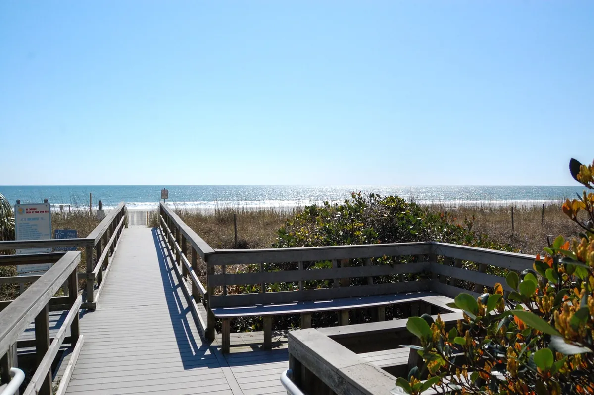 A wooden walkway leads through dune grasses and green shrubs to a breathtaking ocean view. The scene captures the anticipation and beauty of direct beach access, evoking sunrise strolls and sandcastle adventures.