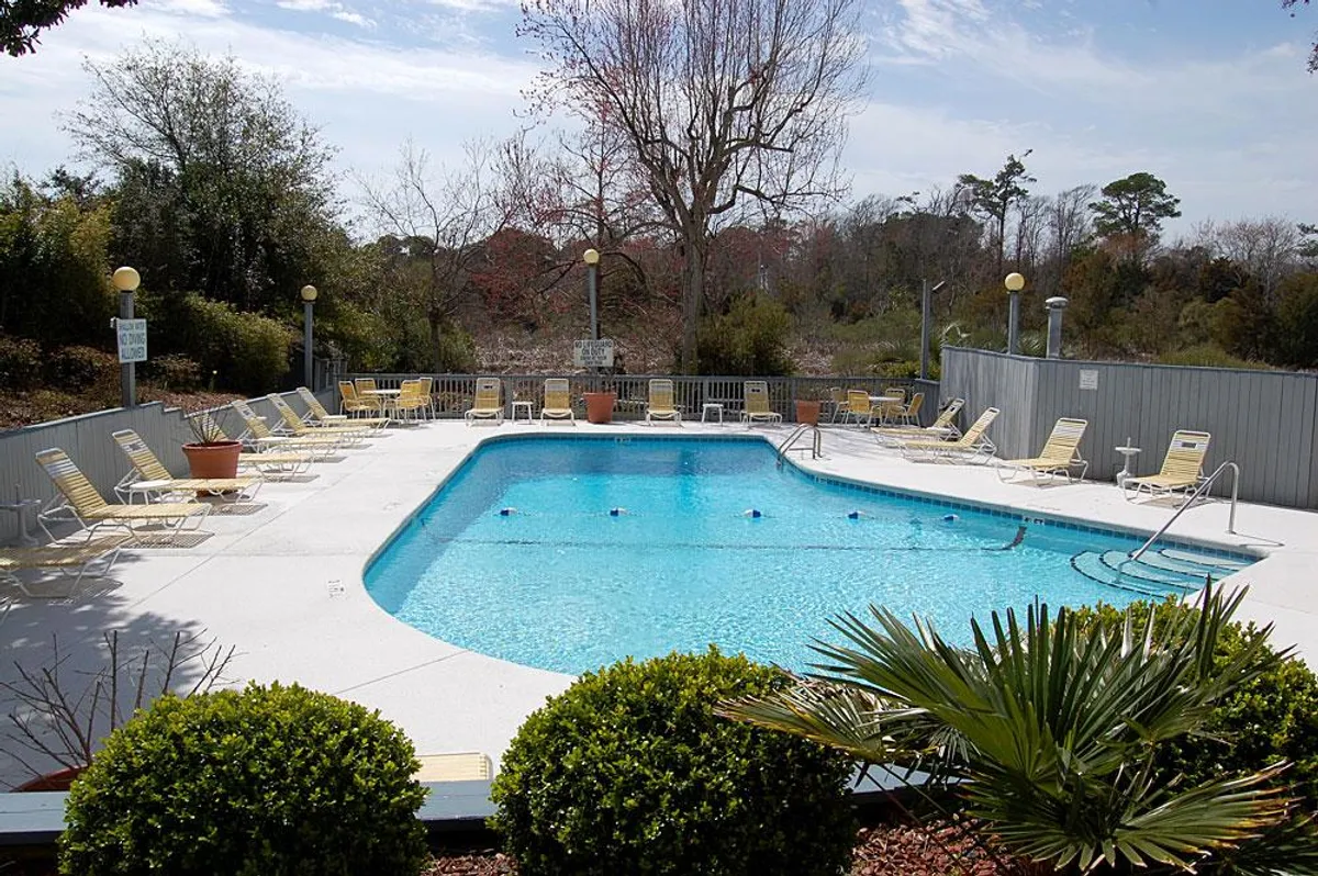 A sparkling outdoor swimming pool is surrounded by lounge chairs and lush landscaped greenery, with tall trees providing a peaceful, resort-like atmosphere. The inviting blue water and ample seating suggest relaxation and fun for all ages.